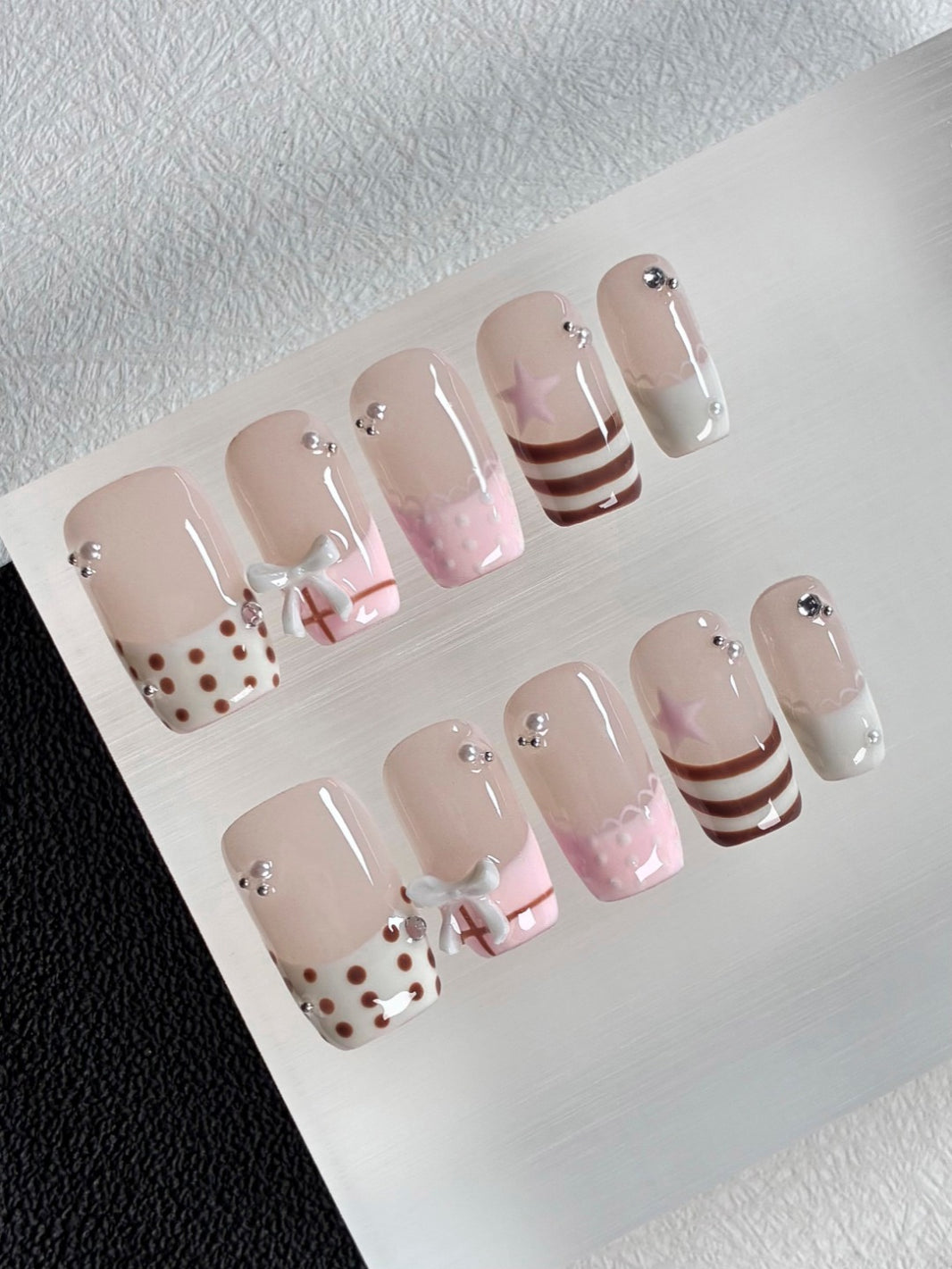 Soft Girl Latte Pink Star Hand Painted Manicur