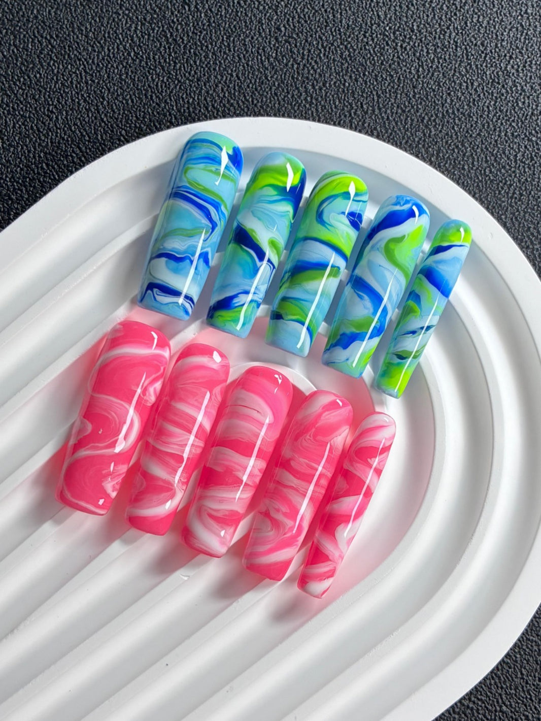 Pink Blue Green Marble Swirl Long Coffin Handmade Press On Nails
