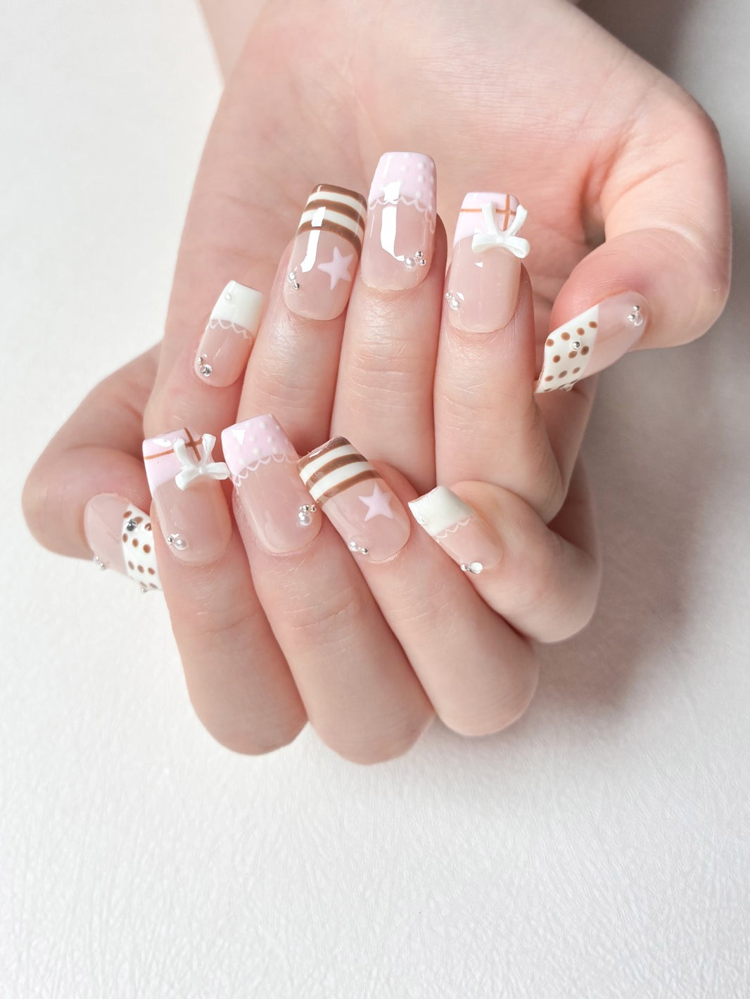 Soft Girl Latte Pink Star Hand Painted Manicur