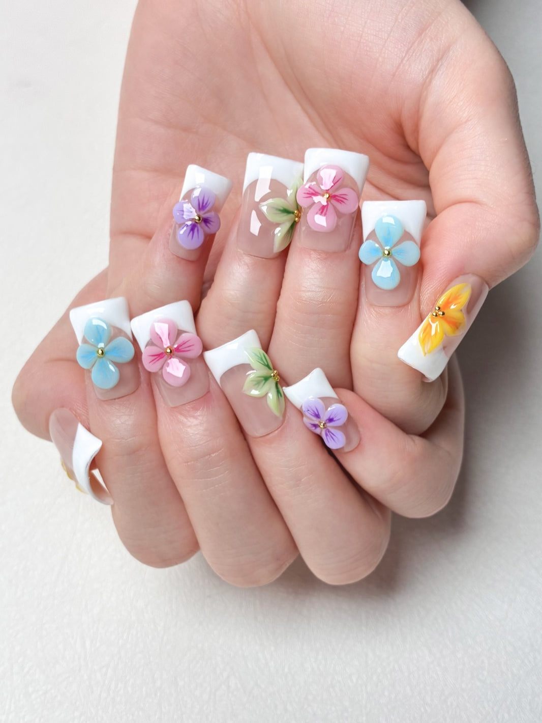 Jelly Nude Hand Sculpted Colorful Flower Manicur