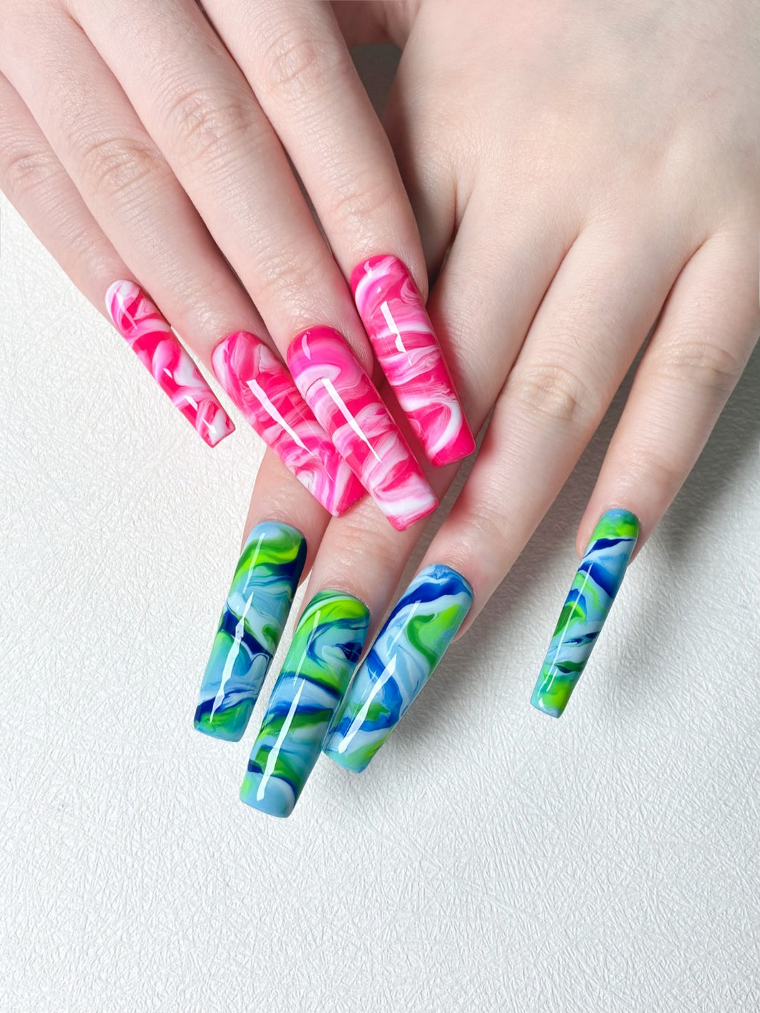 Pink Blue Green Marble Swirl Long Coffin Handmade Press On Nails