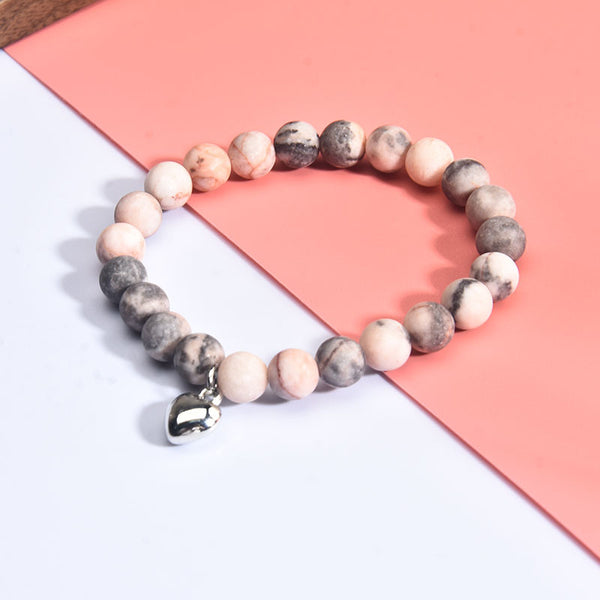8MM Pink Zebra with Diamonds Pink Frosted Stone Bracelet Premium-Agate