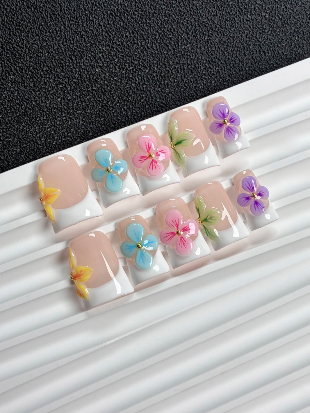 Jelly Nude Hand Sculpted Colorful Flower Manicur
