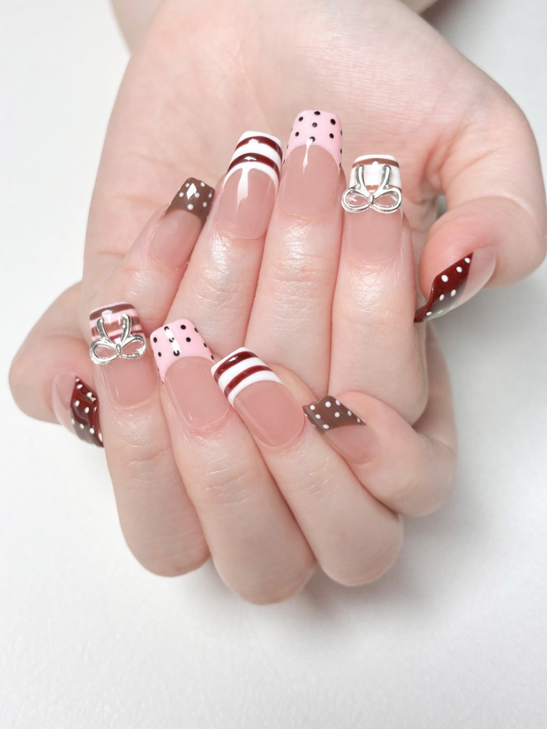 Burgundy Pink Polka Dot Stripe Silver Bow Square Press On Nails