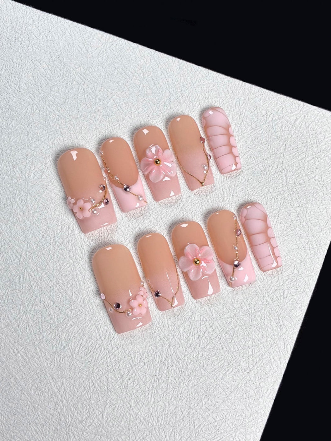 Gentle Blush Floral Crystal Chain Jelly  Nails