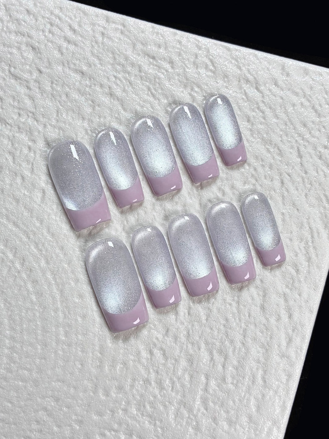Lavender French Silver Cat Eye Square Handmade Press On Nails
