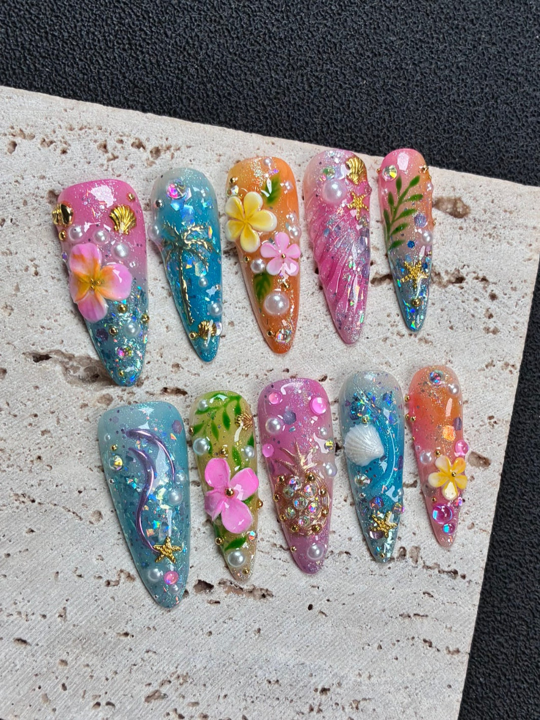 Vacation Tropical 3D Flower Handmade Nails