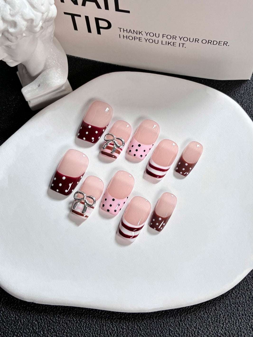 Burgundy Pink Polka Dot Stripe Silver Bow Square Press On Nails