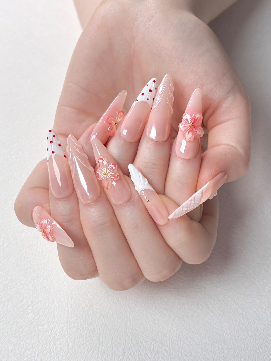 Kawaii Pink Floral Custom Nails