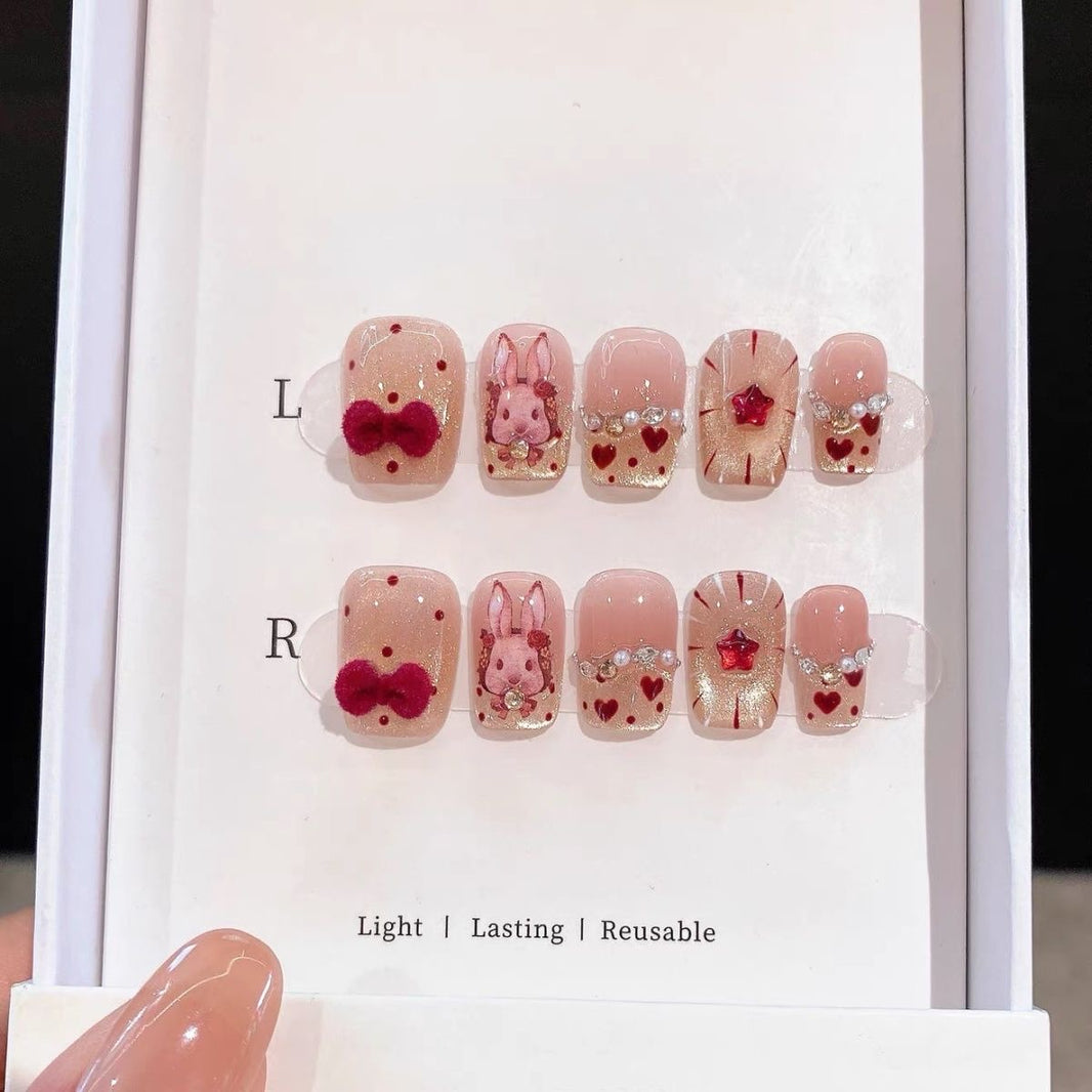 Pink Nude Kawaii Rabbit Heart Luxury Fake Nails