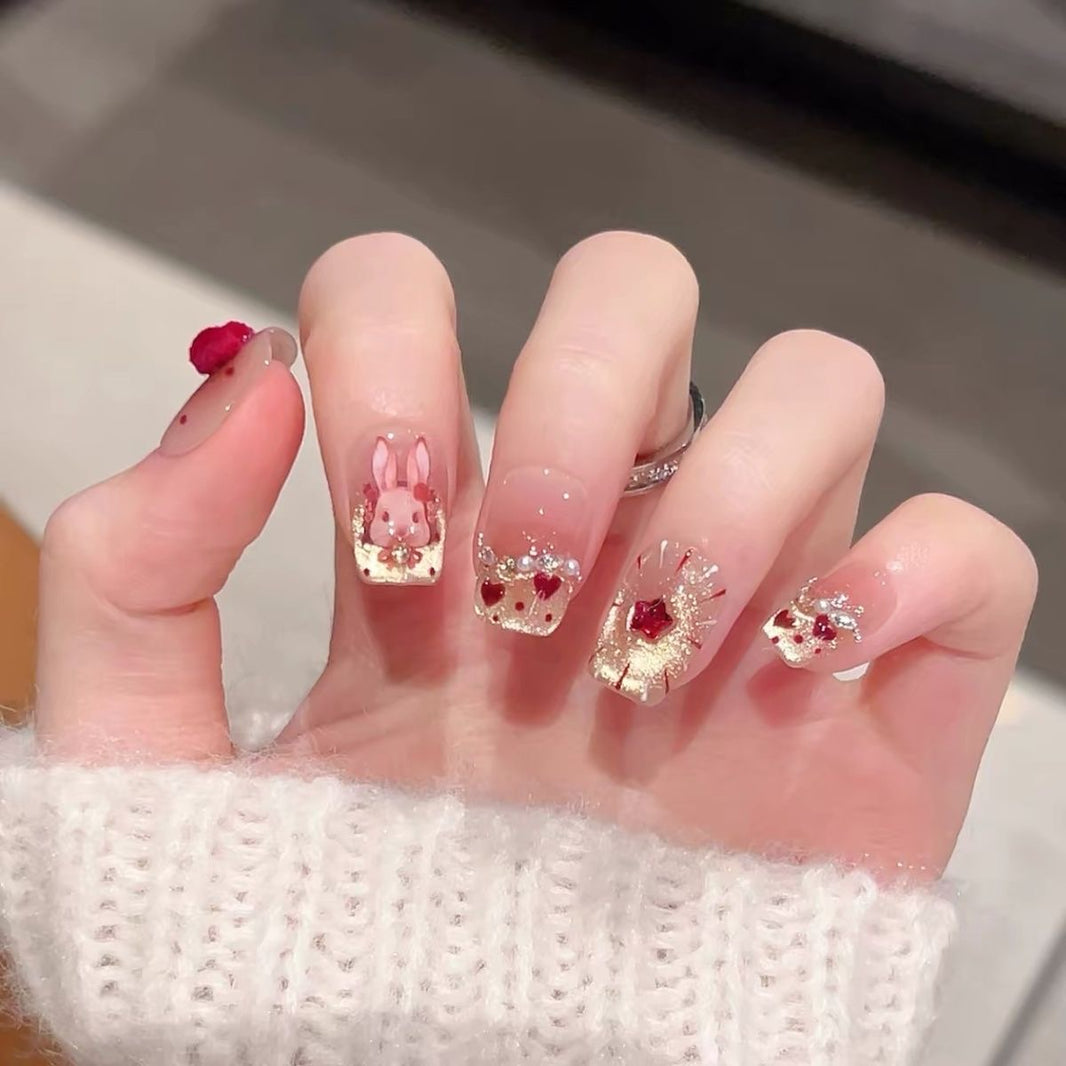 Pink Nude Kawaii Rabbit Heart Luxury Fake Nails